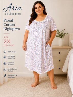 Aria Collection Floral Cotton Nightgown Sleep Shirt 2X Plus Size Pockets